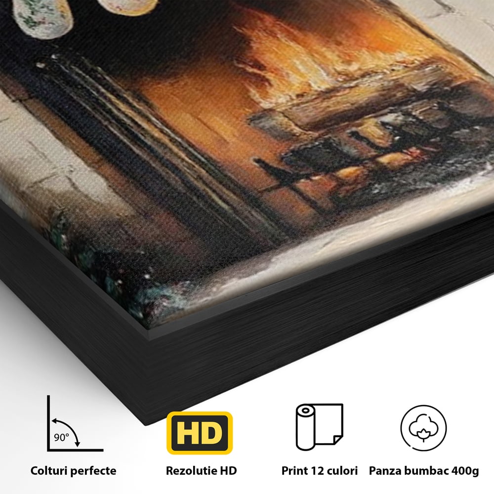 Detaliu al suprafetei: tablou canvas cu semineu si ciorapi de craciun, in rama de aluminiu negru